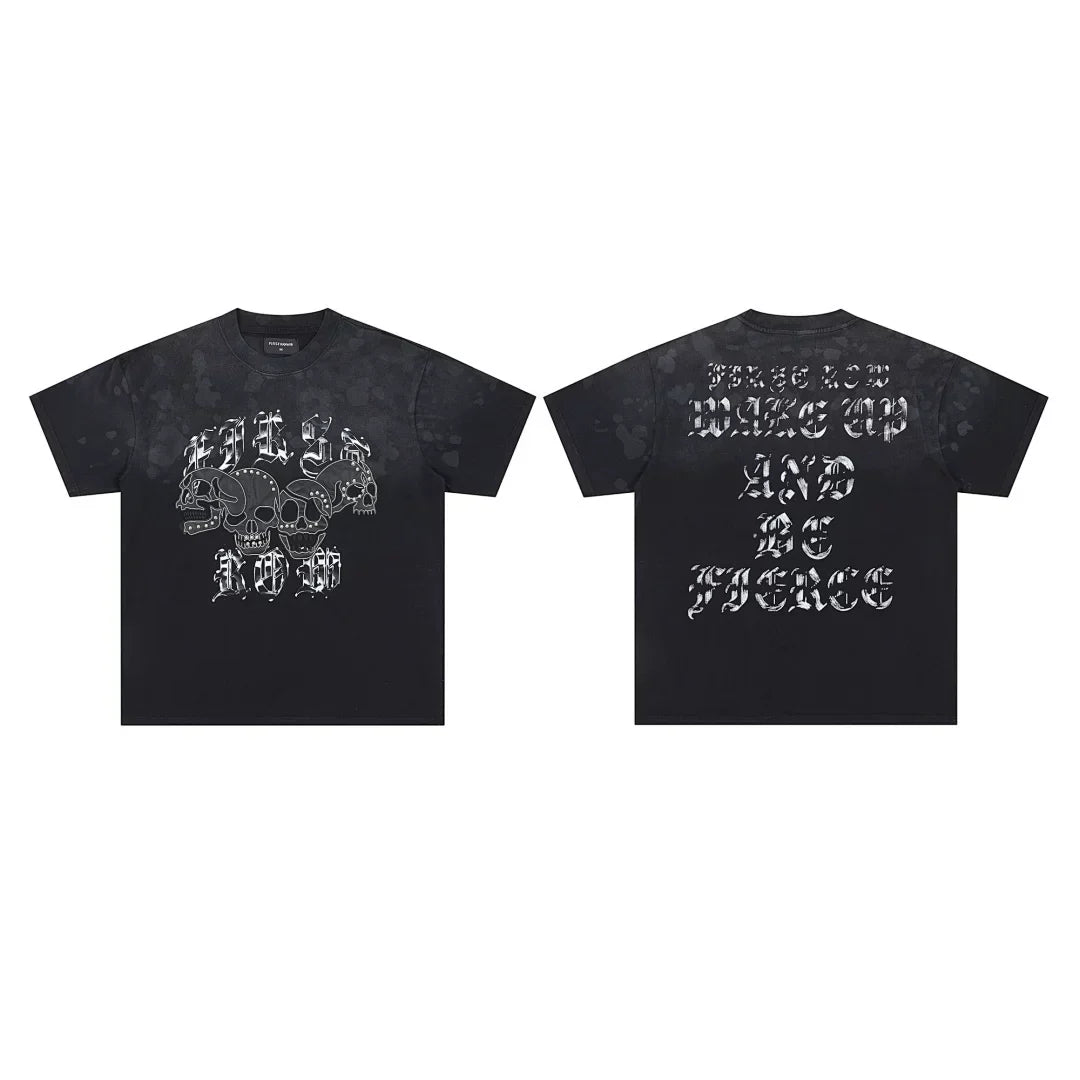 First Row “Wake Up and Be Fierce” Multi-Skull Vintage Tee